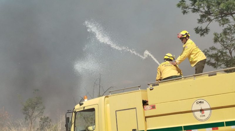 Brasília (DF), 09/10/2026 - Agentes do Corpo de Bombeiros controlam incêndio em área de mata na UnB. Foto: Luiz Cláudio Ferreira/Agência Brasil