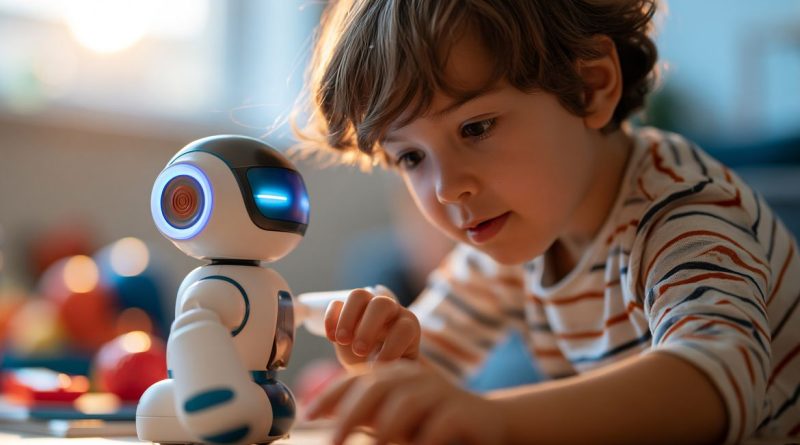 Menino interagindo com um robô educativo em uma sala de jogos iluminado . Foto: Laura/Adobestock