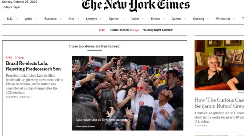 Capa do NY Times sobre a reeleição do presidente Luiz Inácio Lula da Silva. Foto: NYTimes/Reprodução